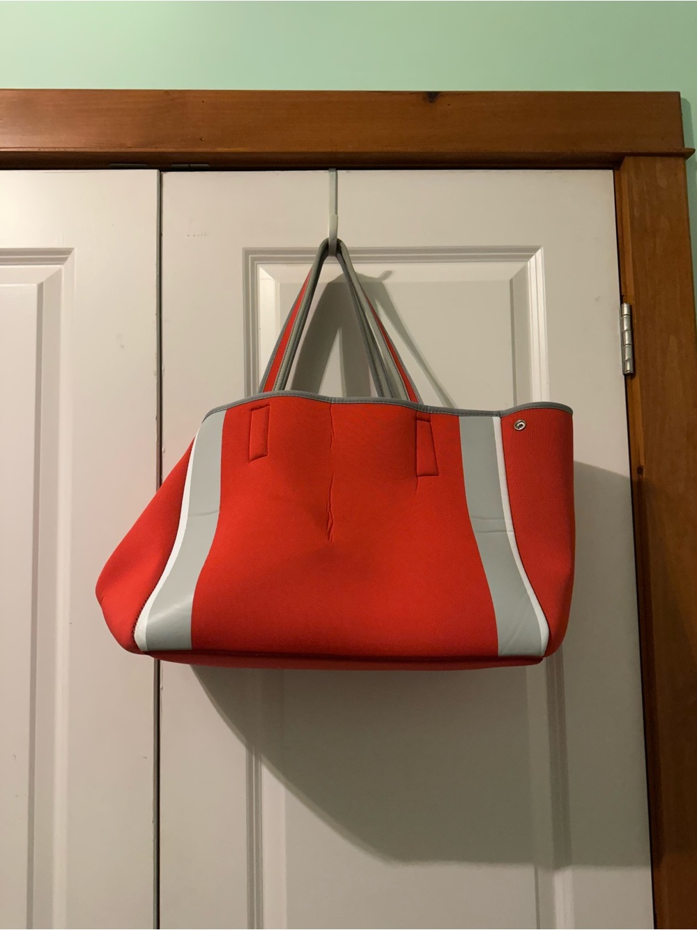Urban Originals Coral-Red Neoprene Tote with Light Gray Accents